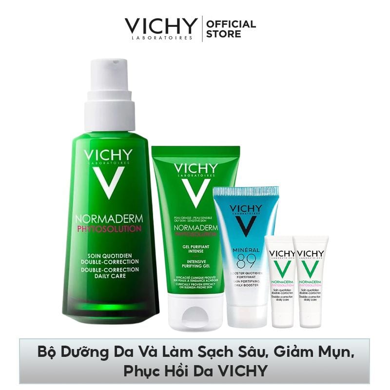 Bộ Dưỡng Da Và Làm Sạch Sâu, Giảm Mụn, Phục Hồi Da VICHY Normaderm Phytosolution Double-Correction Daily Care 50ml + srm 50ml + M89 15ml + 2 mini cream 3ml