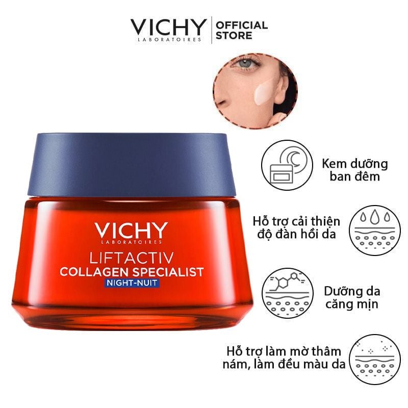 Kem Dưỡng Hỗ Trợ Sáng Da, Mờ Thâm Nám Ban Đêm Vichy Liftactiv Collagen Specialist Night 50ml