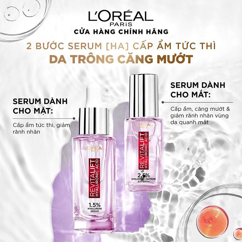 Serum L'oreal Tinh Chất Dưỡng Mắt Giảm Bọng Mắt, Mờ Quầng Thâm & Làm Đầy Rãnh Nhăn L'oreal Paris Revitalift Hyaluronic Acid Eye Serum 20ml