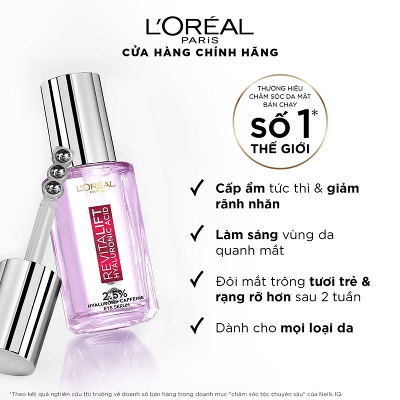 Serum L'oreal Tinh Chất Dưỡng Mắt Giảm Bọng Mắt, Mờ Quầng Thâm & Làm Đầy Rãnh Nhăn L'oreal Paris Revitalift Hyaluronic Acid Eye Serum 20ml