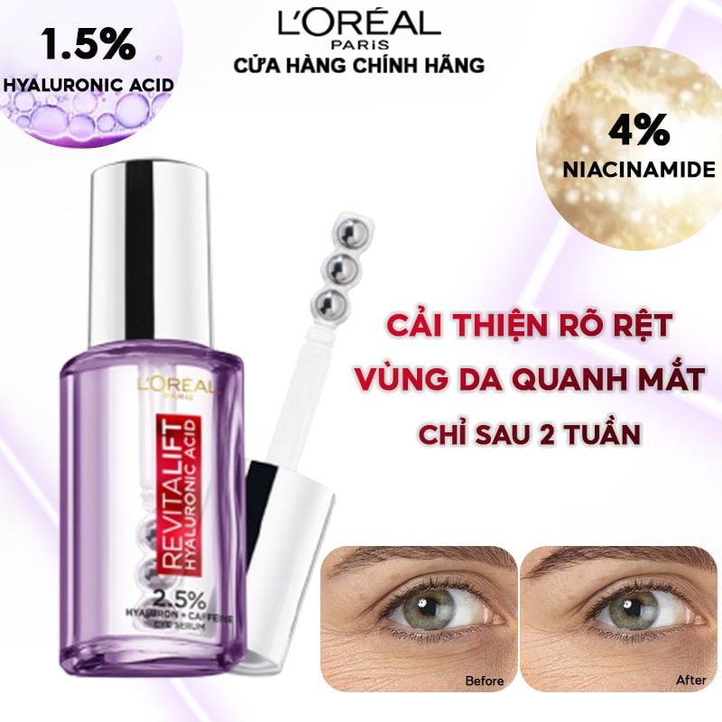 Serum L'oreal Tinh Chất Dưỡng Mắt Giảm Bọng Mắt, Mờ Quầng Thâm & Làm Đầy Rãnh Nhăn L'oreal Paris Revitalift Hyaluronic Acid Eye Serum 20ml