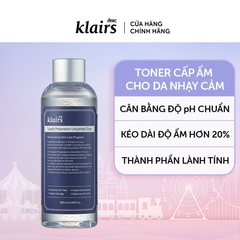 Nước Hoa Hồng Klairs Không Mùi Dưỡng Ẩm, Làm Dịu Da Supple Preparation Unscented Toner 180ml