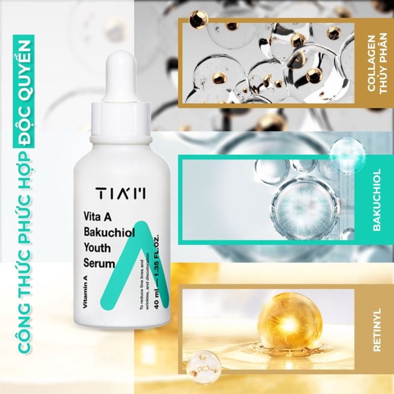 Serum Tiam Tinh Chất Dưỡng Ẩm, Giảm Vết Nhăn & Ngăn Ngừa Lão Hóa Tiam Vita A Bakuchiol Youth Serum 40ml