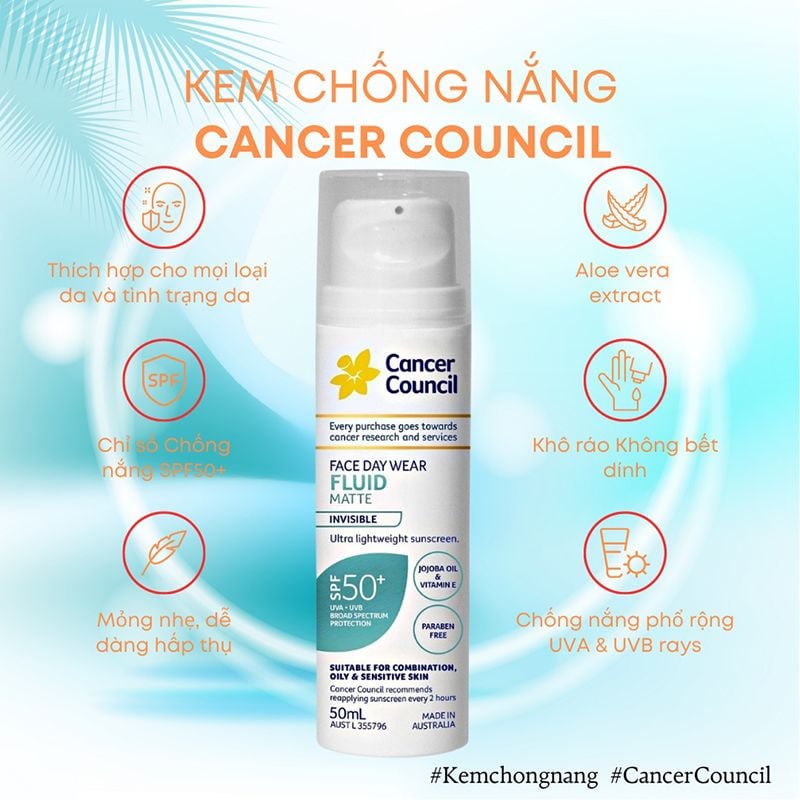 Kem Chống Nắng Lành Tính, Dành Cho Da Nhạy Cảm & Treatment Cancer Council Face Day Wear Fluid Matte SPF50+ 50ml