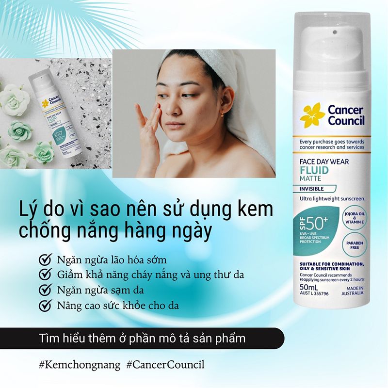 Kem Chống Nắng Lành Tính, Dành Cho Da Nhạy Cảm & Treatment Cancer Council Face Day Wear Fluid Matte SPF50+ 50ml