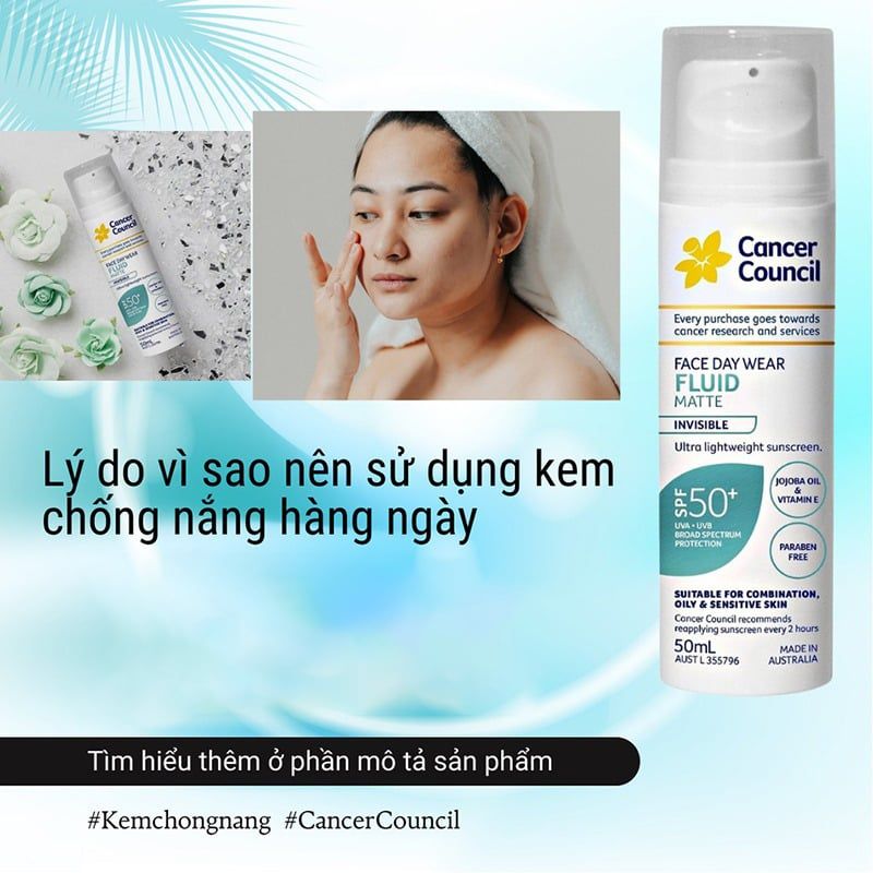 Kem Chống Nắng Cancer Council Lành Tính, Dành Cho Da Nhạy Cảm & Treatment Face Day Wear Fluid Matte SPF50+ 50ml