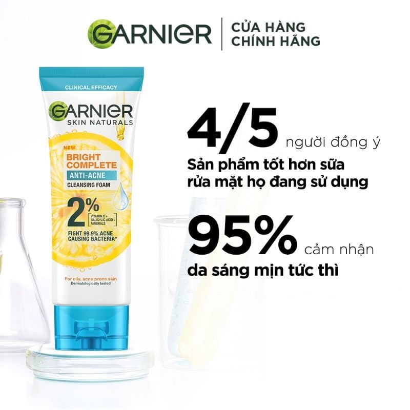 Sữa Rửa Mặt 3 Trong 1 Hỗ Trợ Giảm Mụn, Dưỡng Sáng Da Garnier Bright Complete 3-in-1 Anti-Acne Foam 100ml