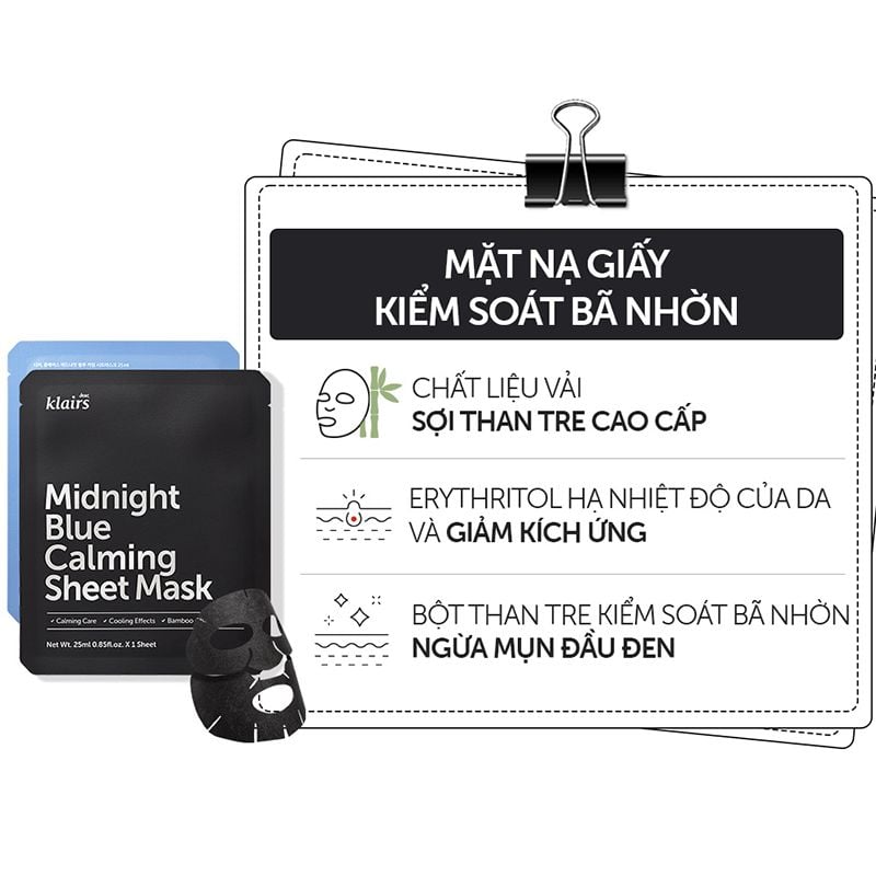 Mặt Nạ Làm Dịu, Hỗ Trợ Giảm Kích Ứng, Phục Hồi Da Klairs Midnight Blue Calming Sheet Mask 25ml