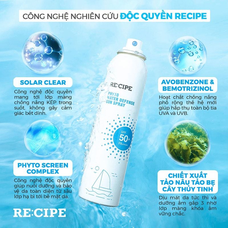 Xịt Chống Nắng Bảo Vệ Da, Dưỡng Ẩm Recipe Phyto Water Defense Sun Spray SPF50+ PA++++