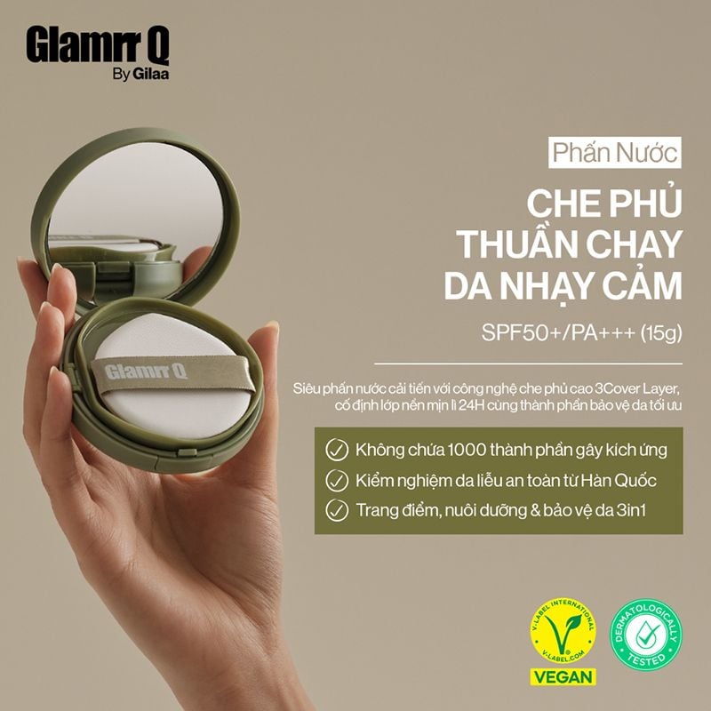 Phấn Nước Kiềm Dầu, Che Phủ Cao GLAMRR Q Vegan Super Cover Cushion SPF50+/PA+++