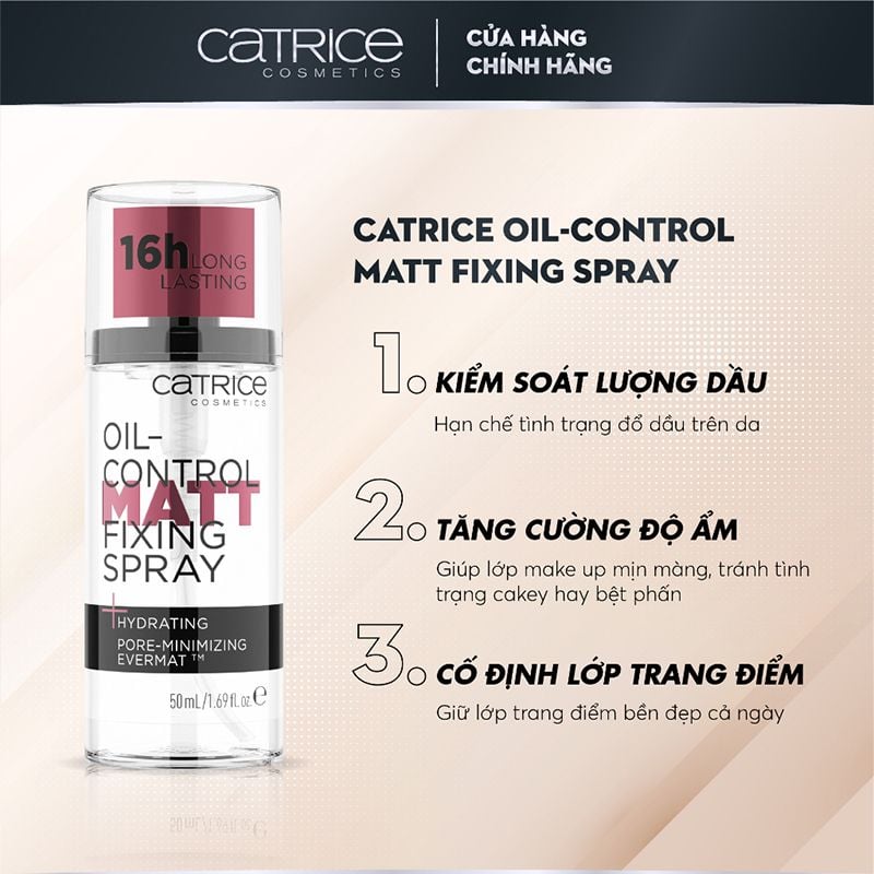 Xịt Khóa Nền Catrice Kiềm Dầu, Giữ Ẩm, Căng Bóng, Lâu Trôi Catrice Fixing Spray 50ml