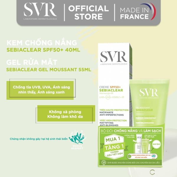  Kem Chống Nắng SVR Hỗ Trợ Giảm Mụn, Kiểm Soát Dầu Nhờn Sebiaclear Crème SPF50+ 40ml 