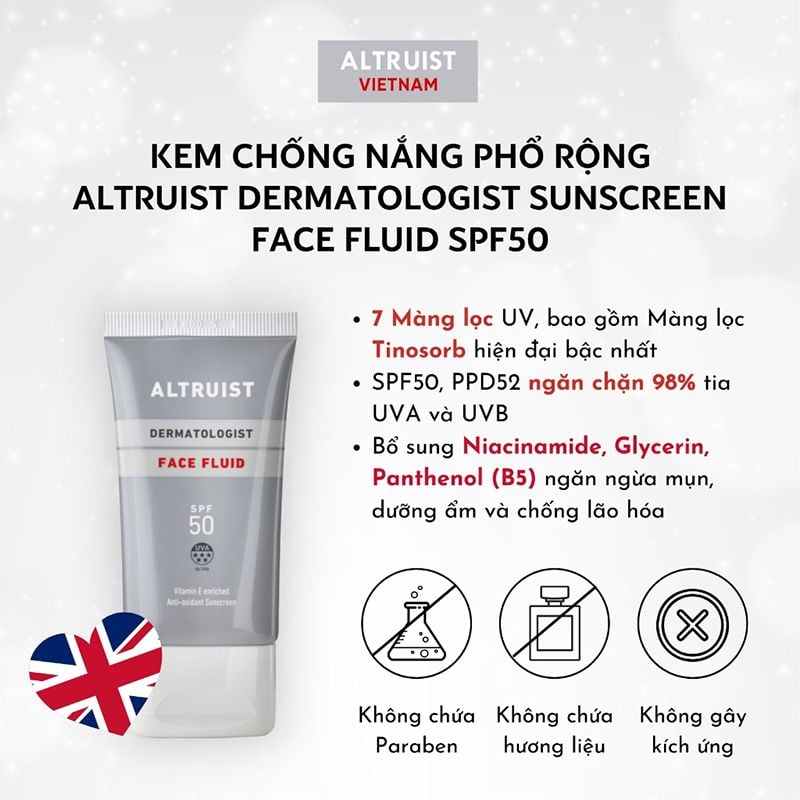 Kem Chống Nắng Altruist Dưỡng Ẩm, Hỗ Trợ Làm Sáng Da Dermatologist Face Fluid SPF50 50ml