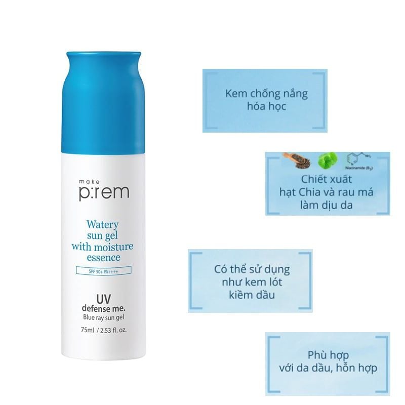 Kem Chống Nắng Hoa Học, Cấp Ẩm, Ngăn Ngừa Mụn Make Prem UV Defense Me Blue Ray Sun Gel SPF 50+/PA++++ 75ml