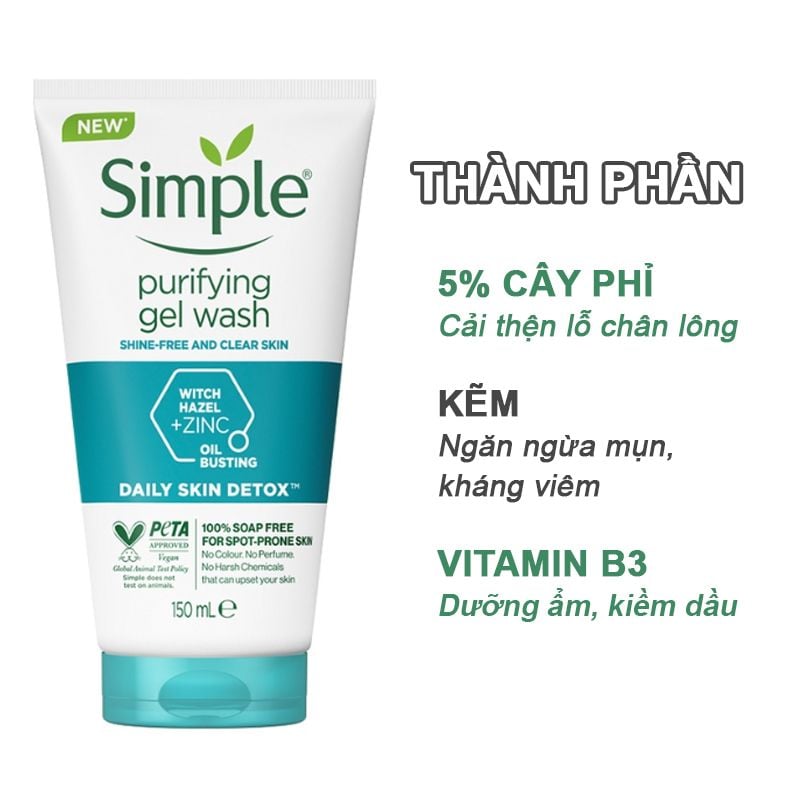 Gel Rửa Mặt Simple Không Chứa Xà Phòng Kiềm Dầu, Ngừa Mụn Cho Da Nhạy Cảm Purifying Gel Wash 150ml