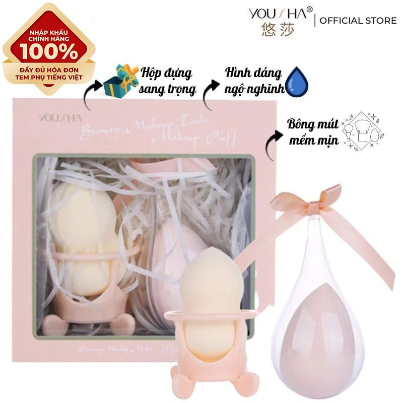 [NHẬP KHẨU] Set 2 Bông Mút Trang Điểm Kèm Lọ Đựng Tiện Lợi Yousha Beauty Makeup Tools Puff YF196