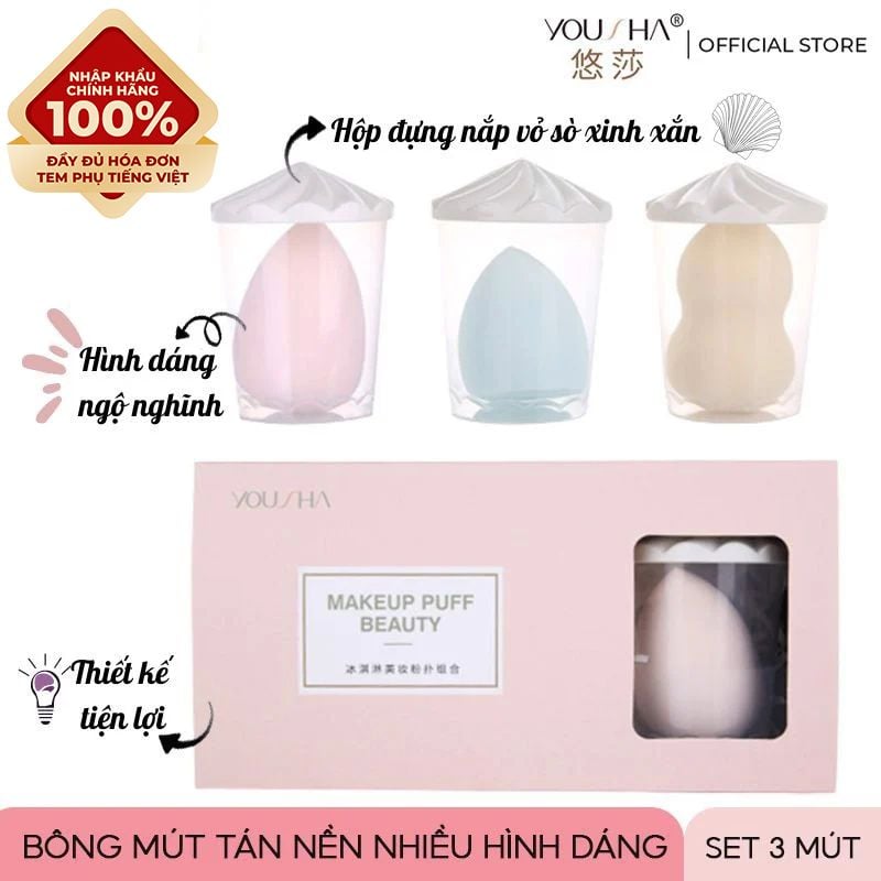 [NHẬP KHẨU] Set 3 Bông Mút Tán Kem Nền Nhiều Hình Dáng Có Hộp Đựng Yousha Makeup Puff Beauty YF199