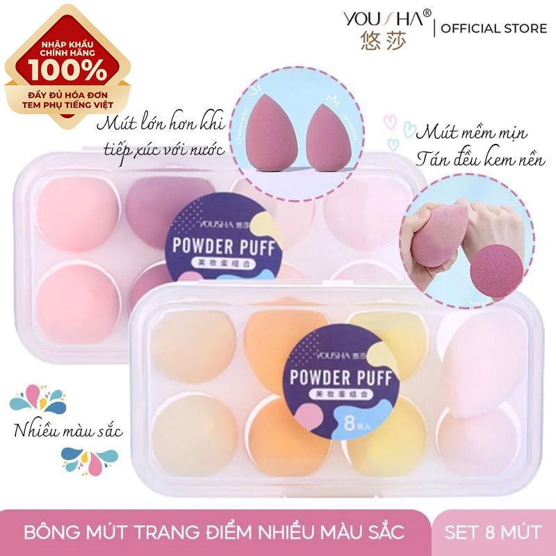 [NHẬP KHẨU][Set 8 mút] Bông Mút Trang Điểm Nhiều Màu Yousha Power Puff YF206 (Màu Ngẫu Nhiên)