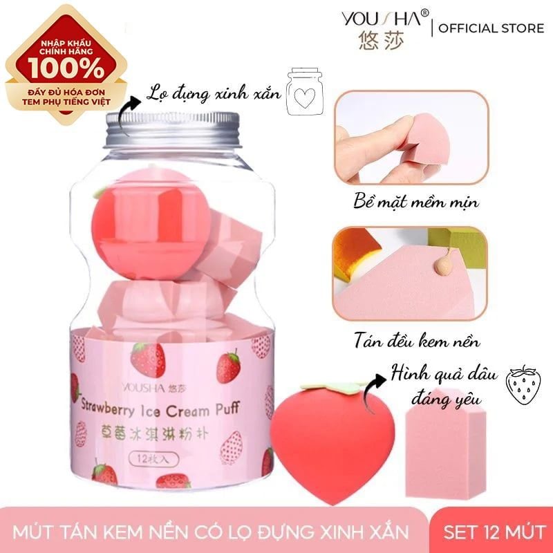 [NHẬP KHẨU][Set 12 Miếng] Mút Tán Kem Nền Có Lọ Đựng Xinh Xắn Tiện Lợi Yousha YF208