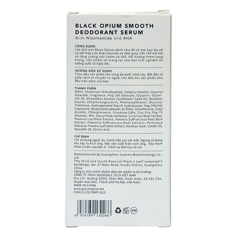 Lăn Khử Mùi Dưỡng Sáng Da, Ngăn Ngừa Mồ Hôi Grace And Glow Black Opium Smooth Deodorant Serum Niacinamide And AHA 50ml