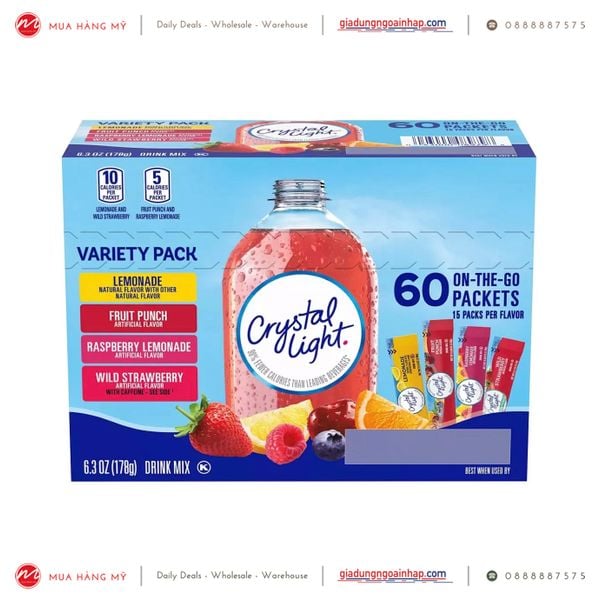 Bột pha nước trái cây Crystal Light Drink Mix không đường (Hộp 60 gói)