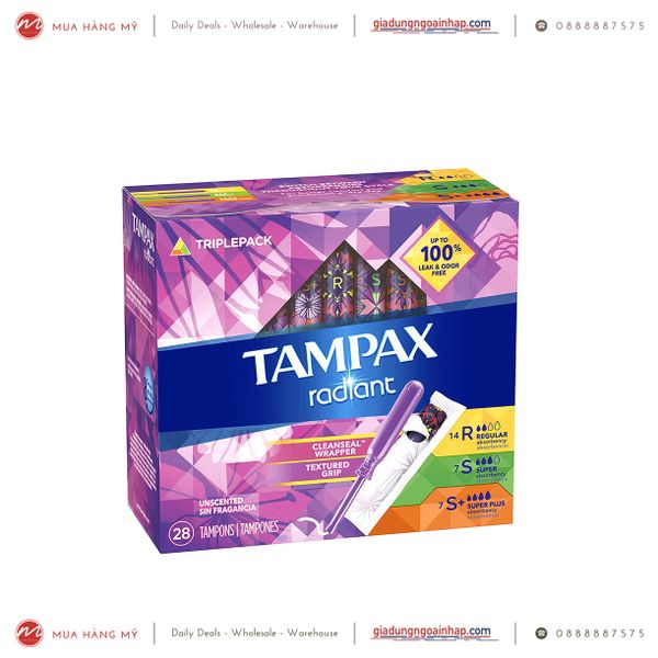 Băng vệ sinh Tampax Radiant Plastic Tampons - Hộp 28 ống (R, S, S Plus)