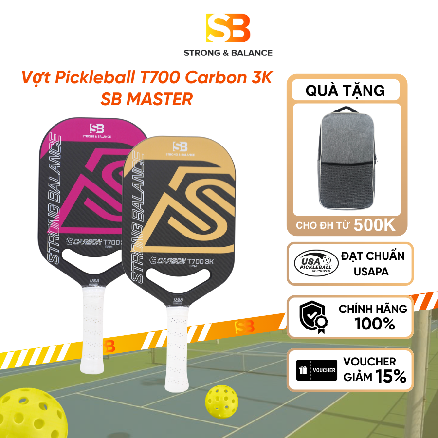 VỢT PICKLEBALL T700 CARBON 3K SB MASTER Vàng – ÉP NÓNG NGUYÊN KHỐI