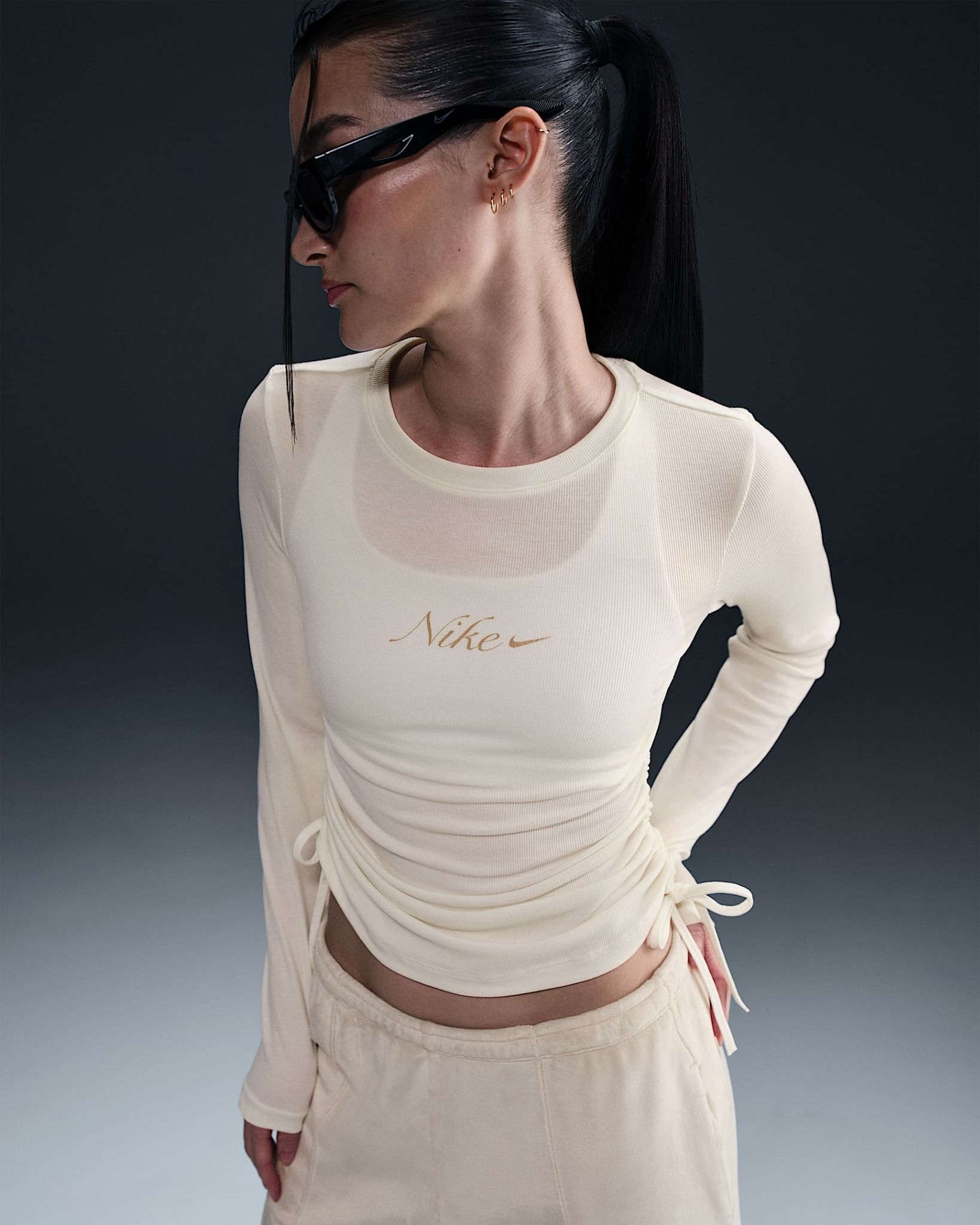 Nike - Áo tay dài thể thao Nữ Women's Ribbed Long-Sleeve Cropped Top