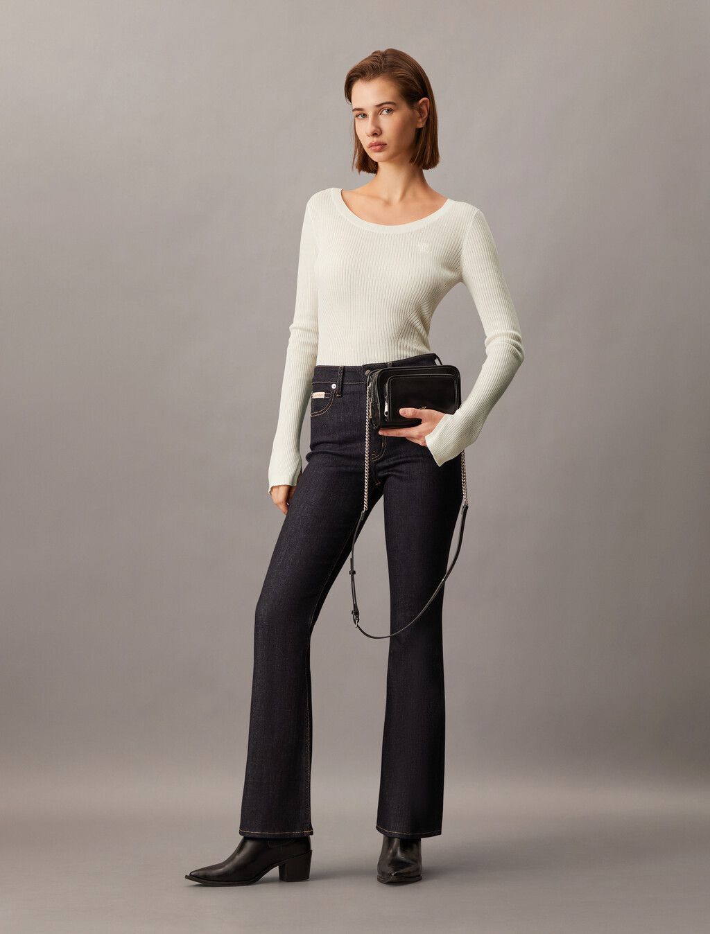 Calvin Klein - Áo len tay dài CK nữ Premium Slim Cropped Knit Top