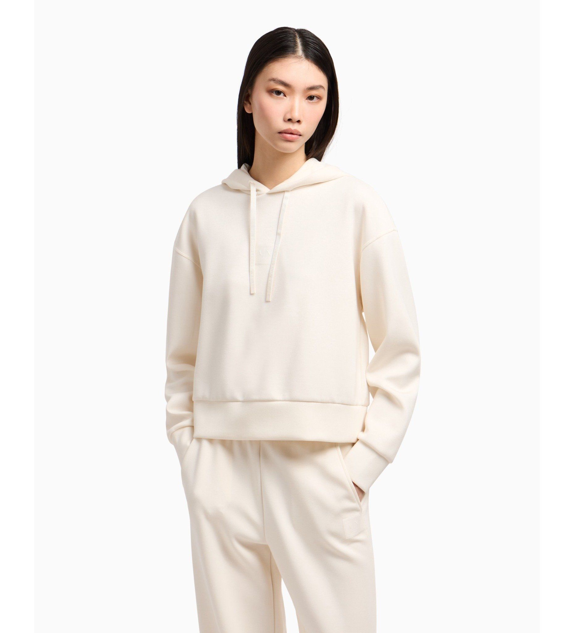 Armani Exchange - Áo nỉ trùm đầu có dây rút nữ Ax Ecru white hooded sweatshirt