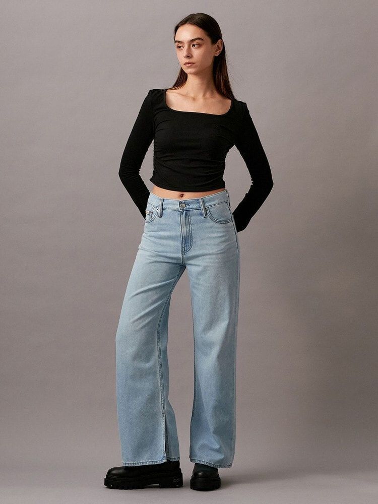 Calvin Klein - Quần jeans ống đứng CK nữ Highrise Wide Leg With Split Jean