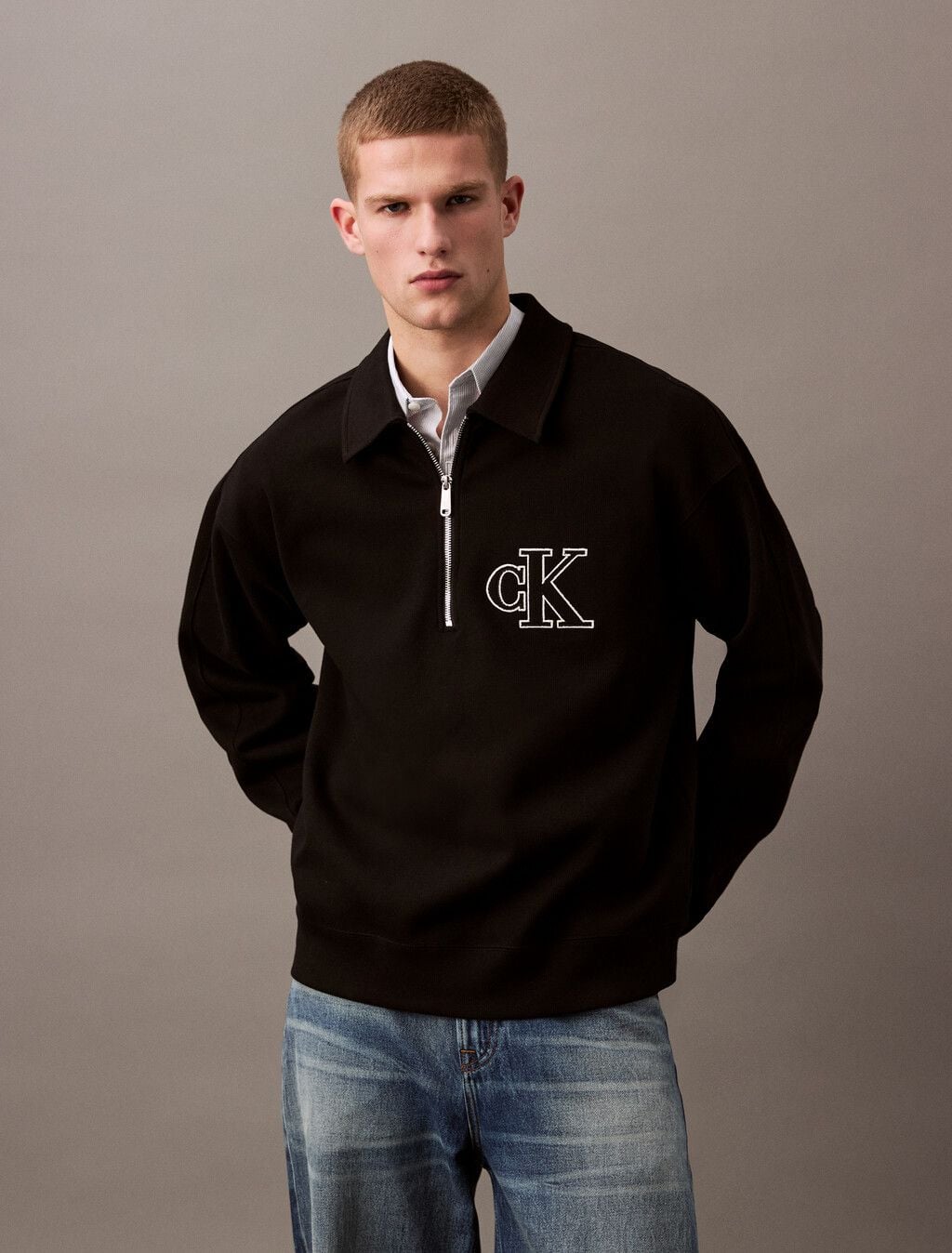 Calvin Klein - Áo lạnh dệt kim tay dài CK nam Rib Knit Logo Applique Zip Polo