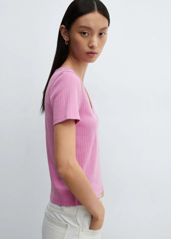 Mango - Áo thun tay ngắn nữ V-neck striped T-shirt