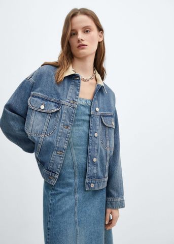 Mango - Áo khoác jeans nữ Contrast denim jacket