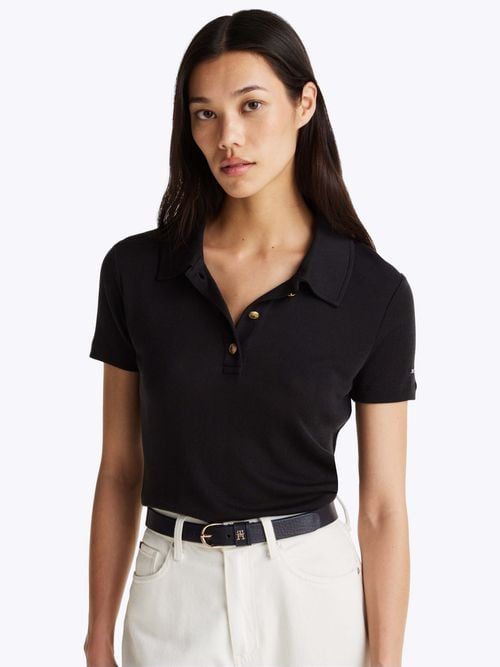 Tommy Hilfiger - Áo polo tay ngắn nữ Slim Fit Gold-Tone Button Polo Shirt