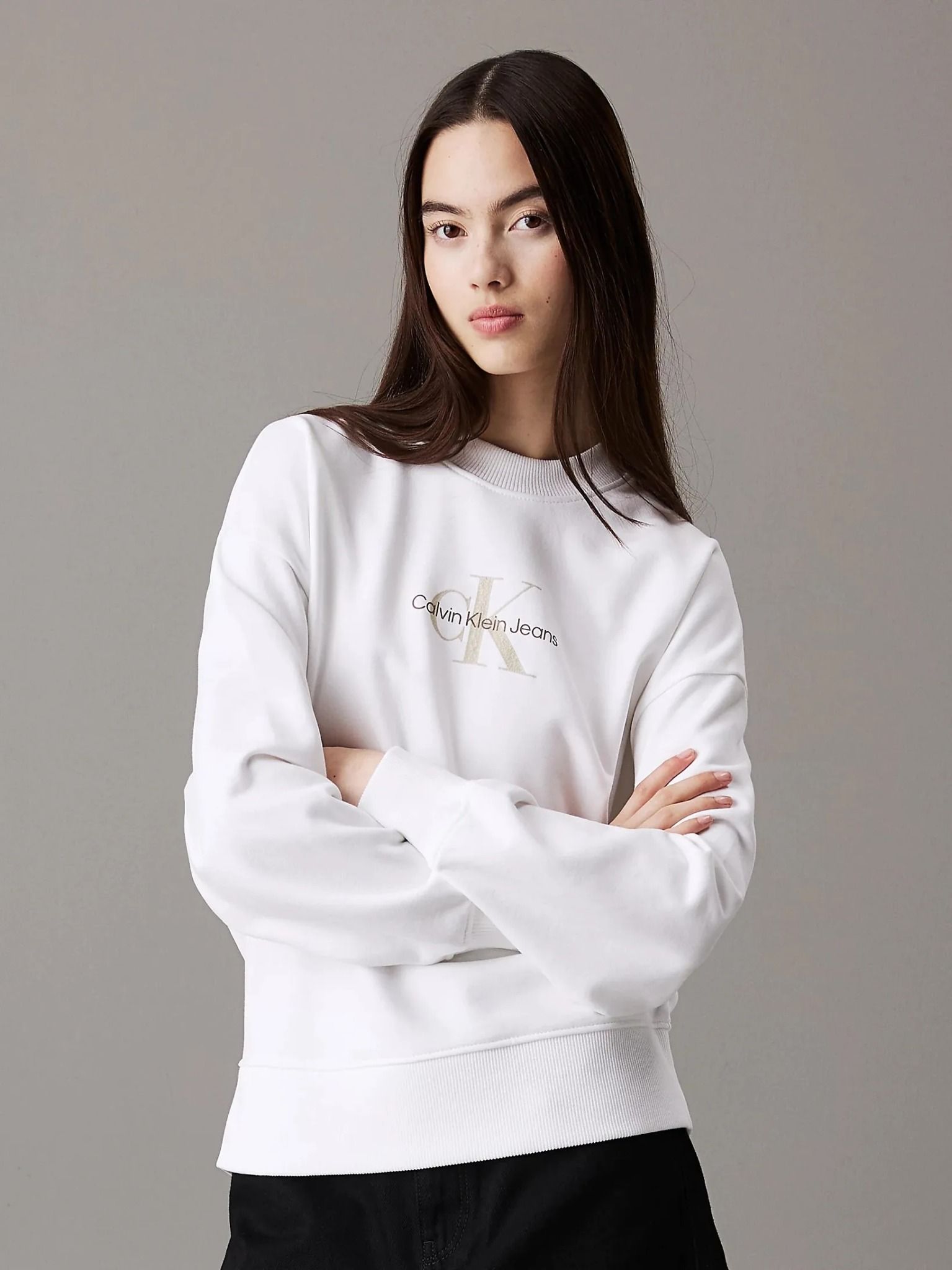 Calvin Klein - Áo lạnh tay dài CK nữ Textured Monologo Crewneck