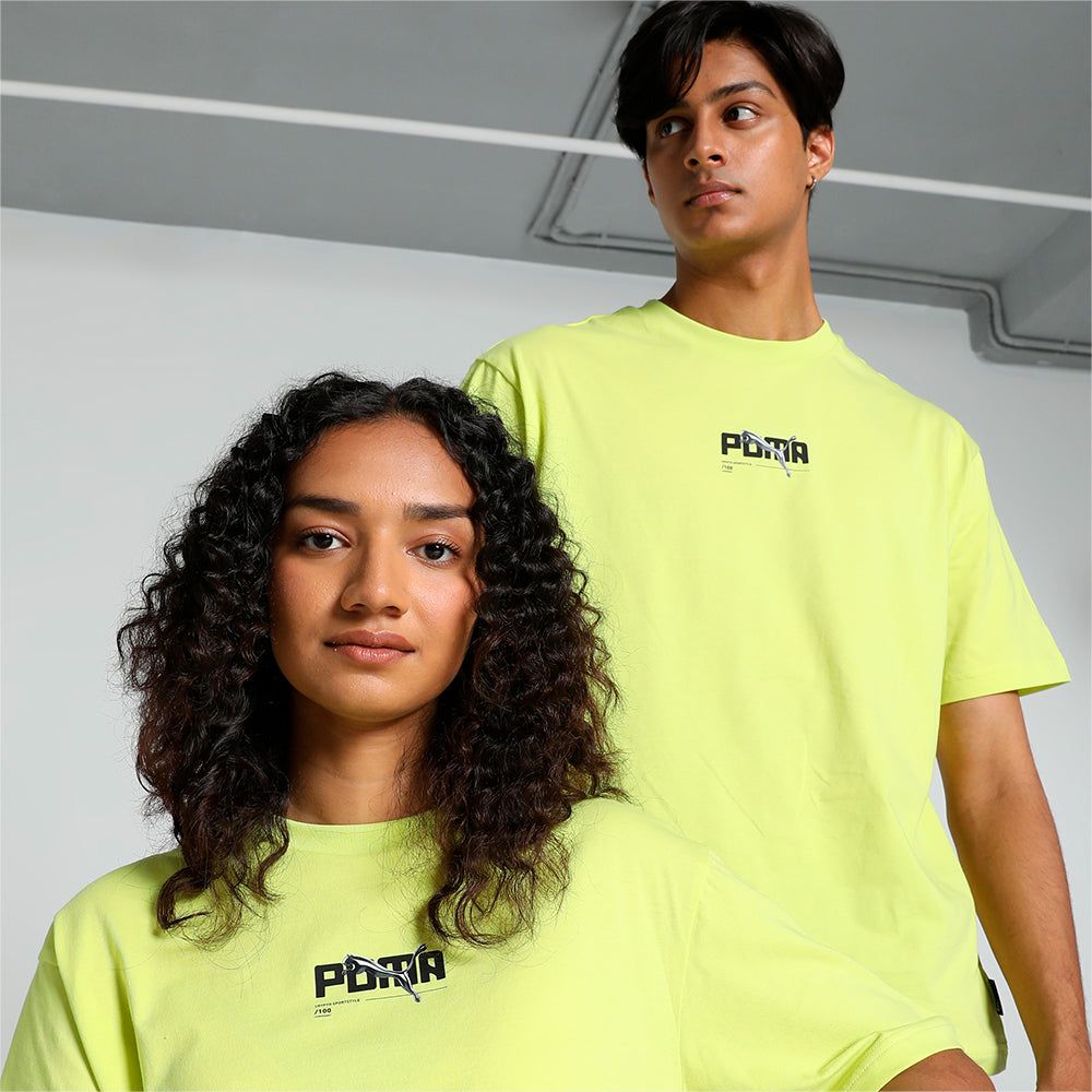 Puma - Áo thun tay ngắn nam nữ Graphics Chrome Cat Lime Sheen Lifestyle Tee