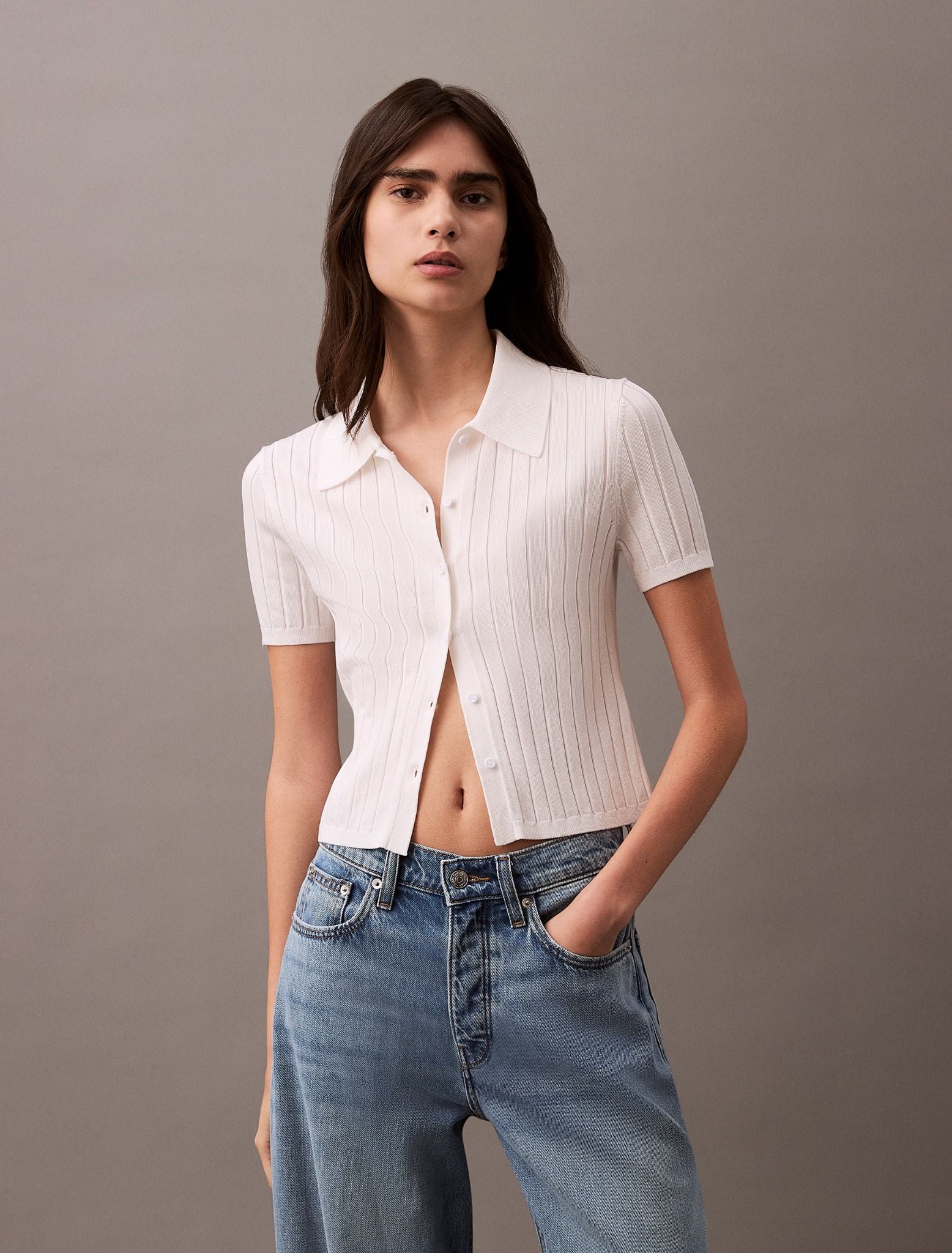 Calvin Klein - Áo sơ mi dệt kim CK nữ Silky Cropped Baby Polo Shirt