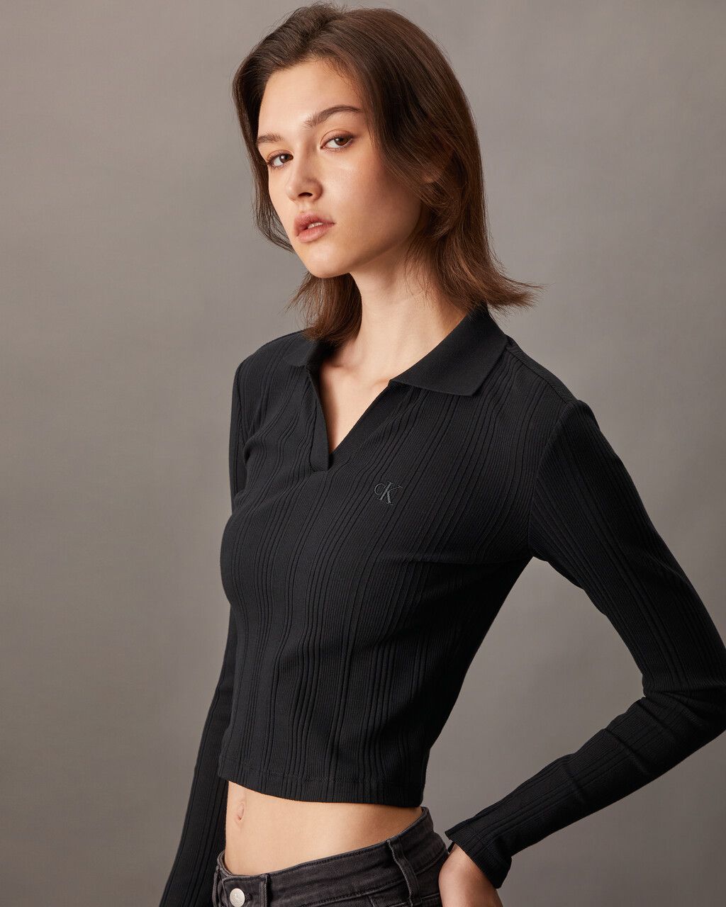 Calvin Klein - Áo polo tay dài CK nữ Rib Knit Slim Polo