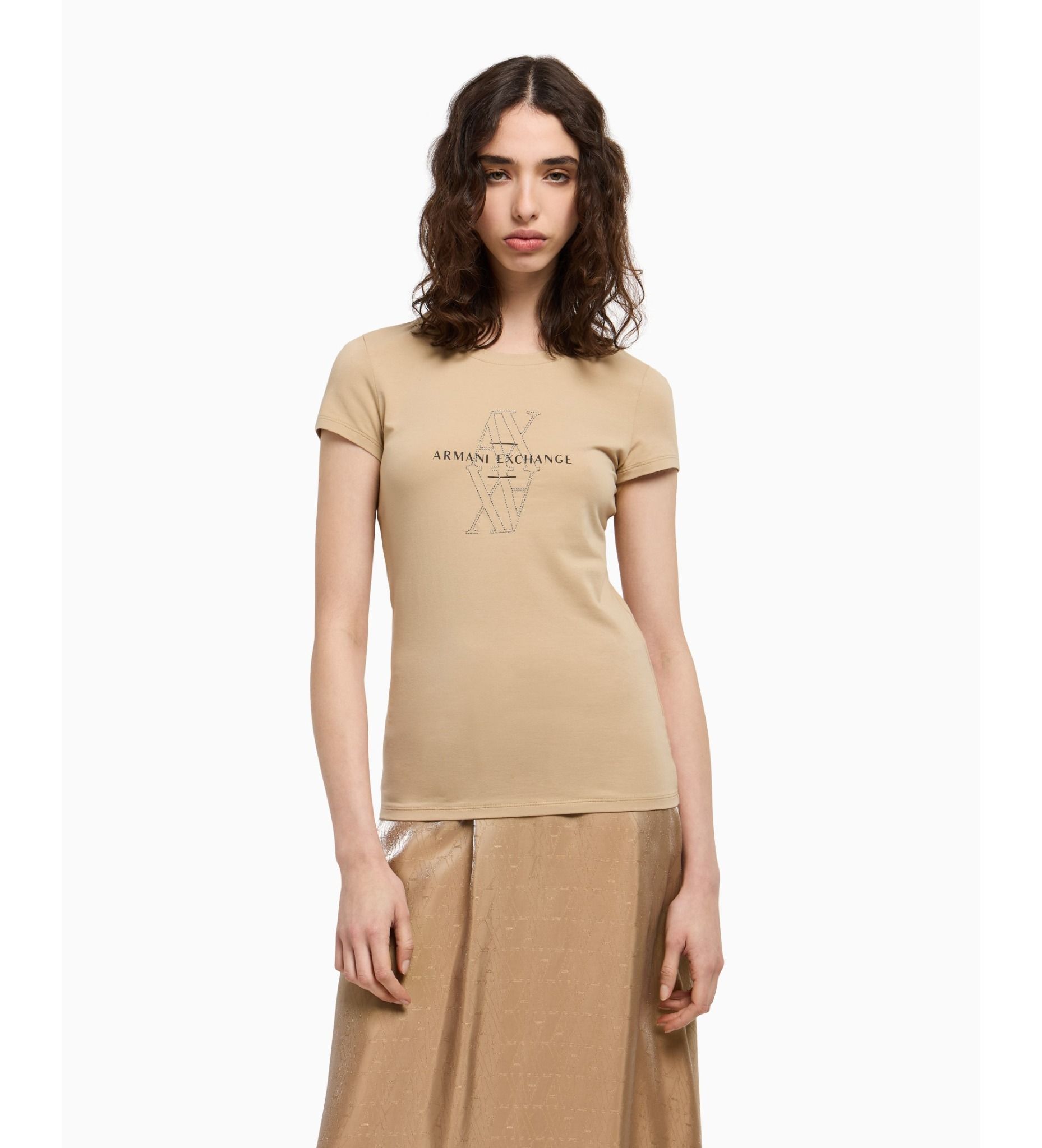 Armani Exchange - Áo thun thời trang nữ Ax Beige short sleeved slim fit t-shirt