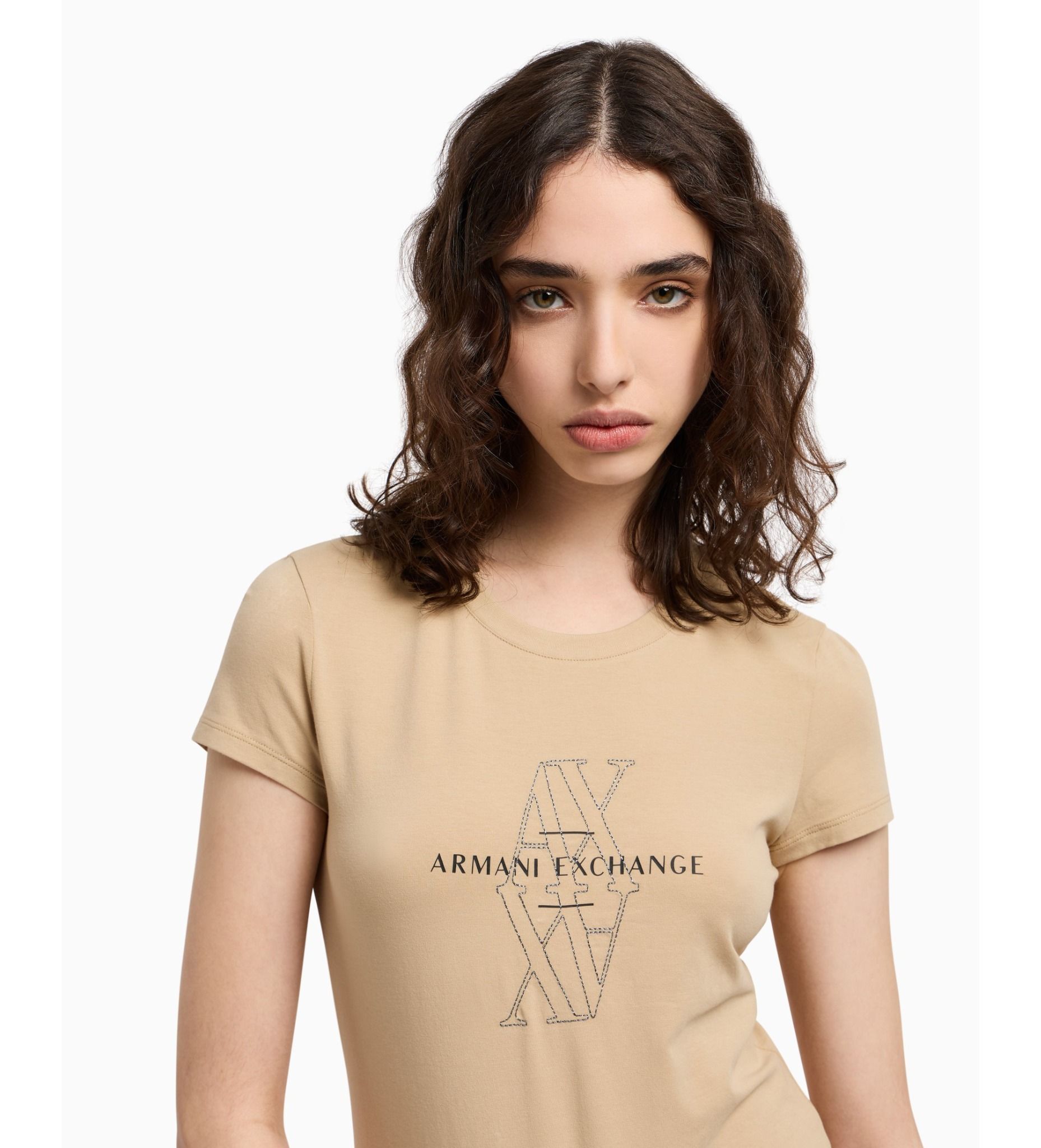 Armani Exchange - Áo thun thời trang nữ Ax Beige short sleeved slim fit t-shirt