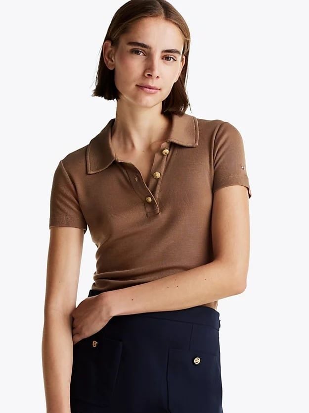 Tommy Hilfiger - Áo polo tay ngắn nữ Slim Fit Gold-Tone Button Polo Shirt