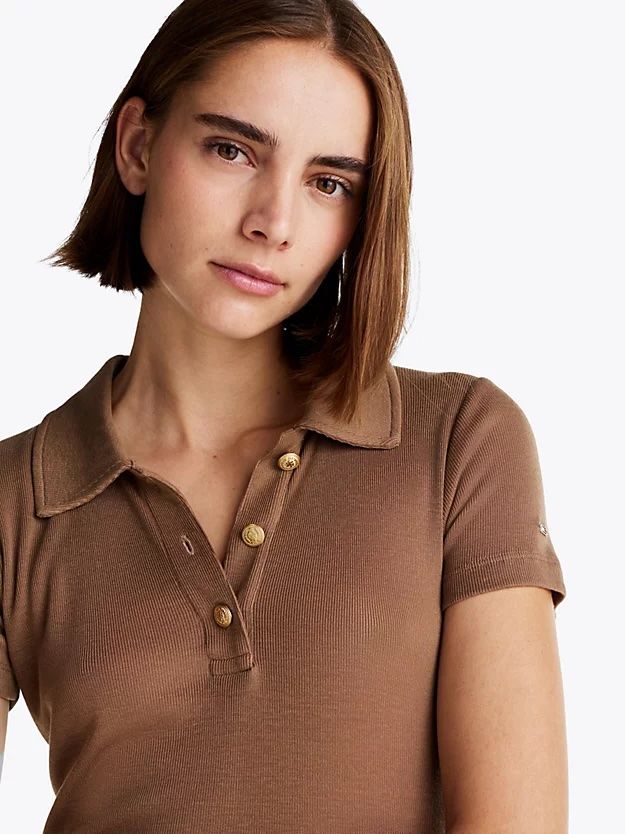 Tommy Hilfiger - Áo polo tay ngắn nữ Slim Fit Gold-Tone Button Polo Shirt
