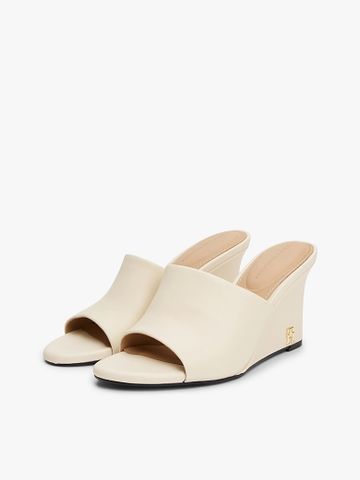 Tommy Hilfiger - Giày đế cao nữ Leather TH Monogram Plaque Wedge Mules