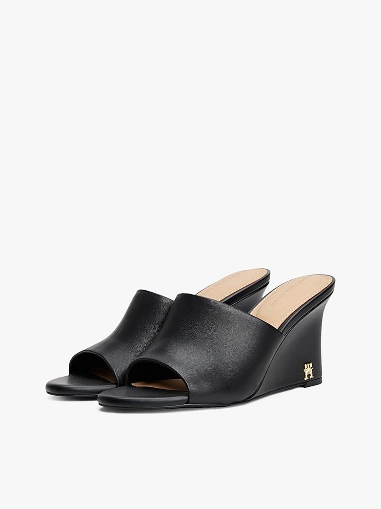Tommy Hilfiger - Giày đế cao nữ Leather TH Monogram Plaque Wedge Mules