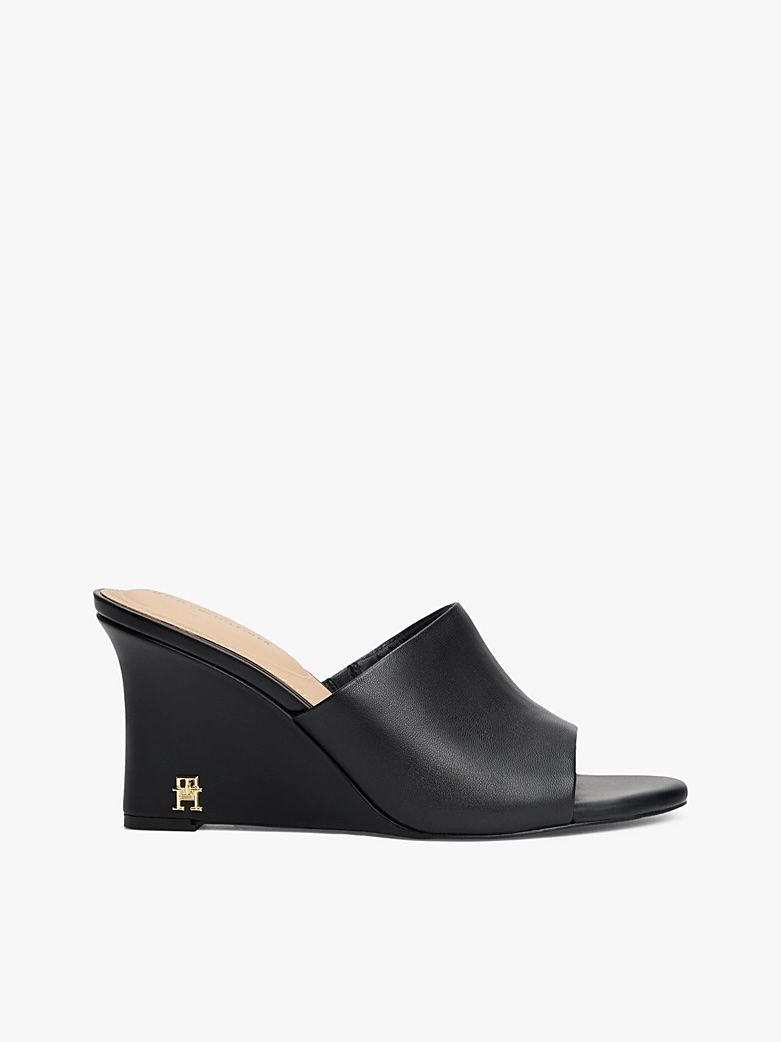 Tommy Hilfiger - Giày đế cao nữ Leather TH Monogram Plaque Wedge Mules