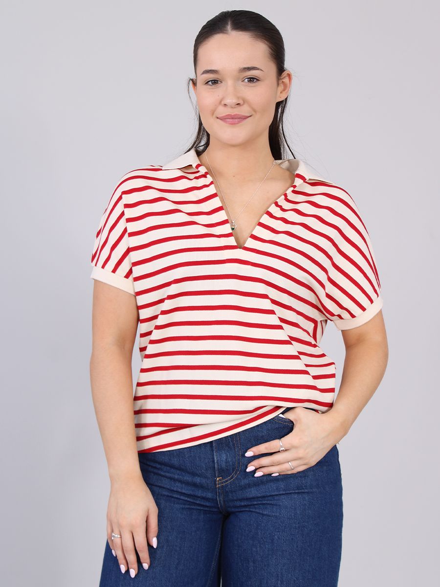 Tommy Hilfiger - Áo polo tay ngắn nữ Relaxed Polo Short Sleeve Stripe Red
