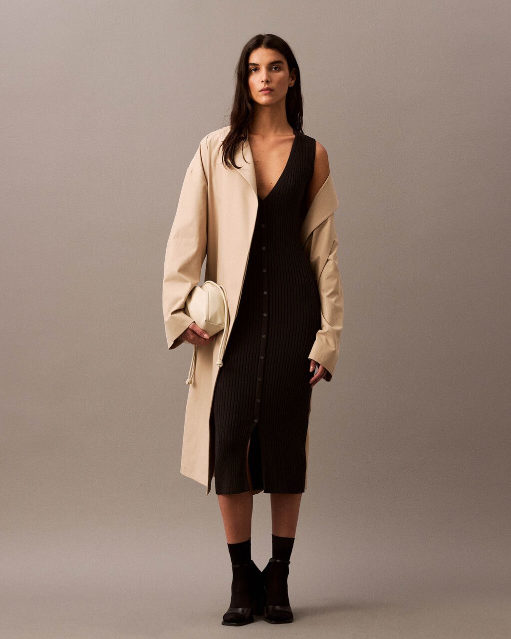 Calvin Klein - Đầm CK nữ Smooth Cotton Rib Sweater Midi V-Neck Dress