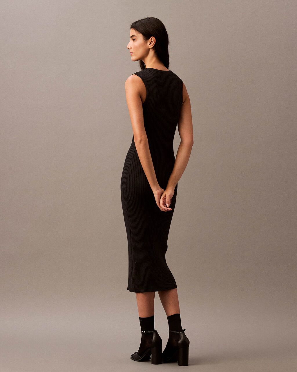 Calvin Klein - Đầm CK nữ Smooth Cotton Rib Sweater Midi V-Neck Dress