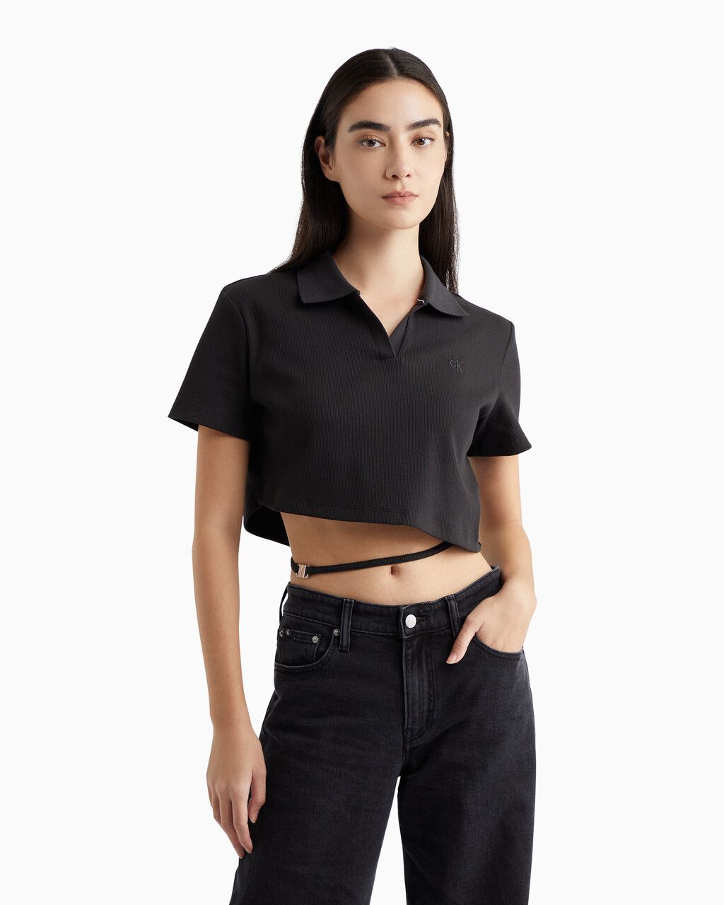 Calvin Klein - Áo polo tay ngắn CK nữ Modern Metals Cropped Polo Shirt With Logo Charm
